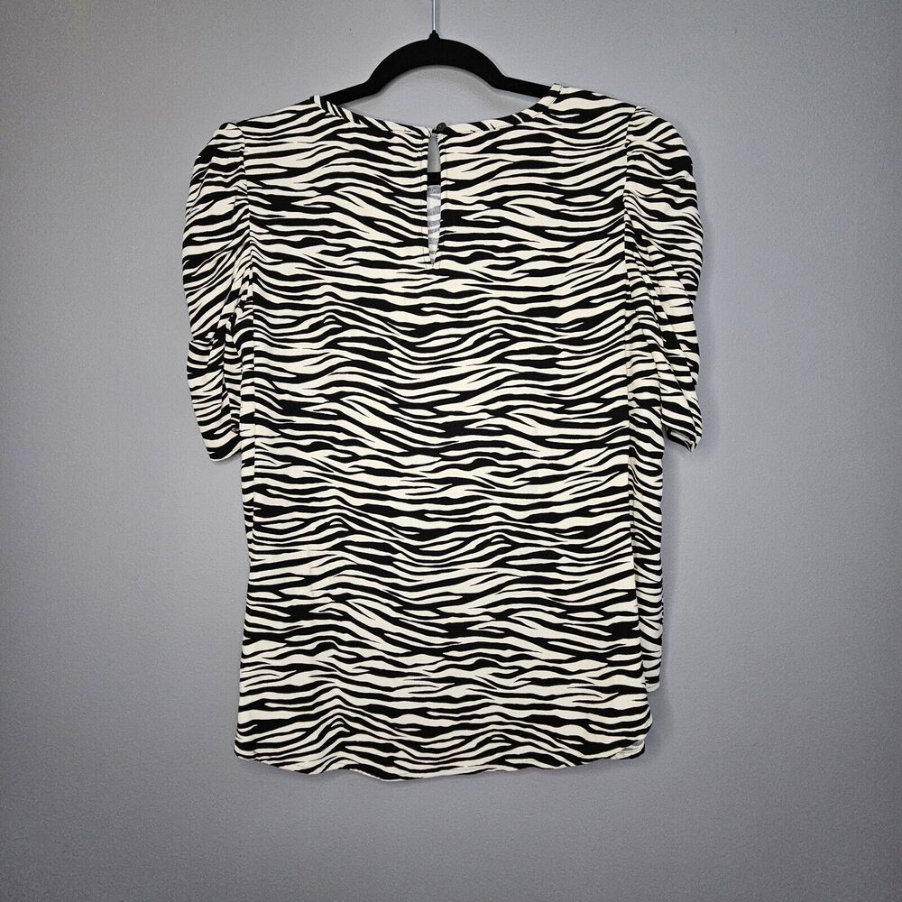 New  LOFT Womens Black Beige‎ Zebra Print Cinched Puff Sleeve Top Size Small - Picture 2 of 7